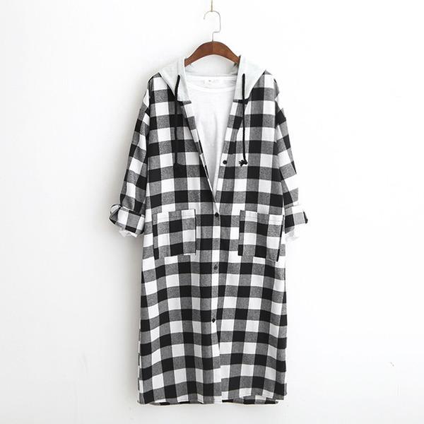 Autumn Single Breasted Hooded Casual Long Plaid Coat 2020 New Korean Long Sleeve Pockets - Omychic