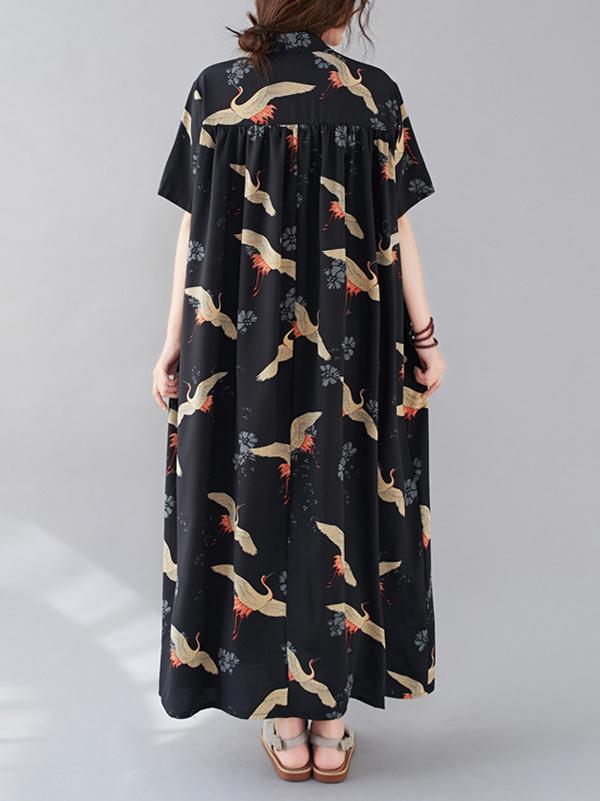 Women Summer Printed Stand Collar Shirt Dress