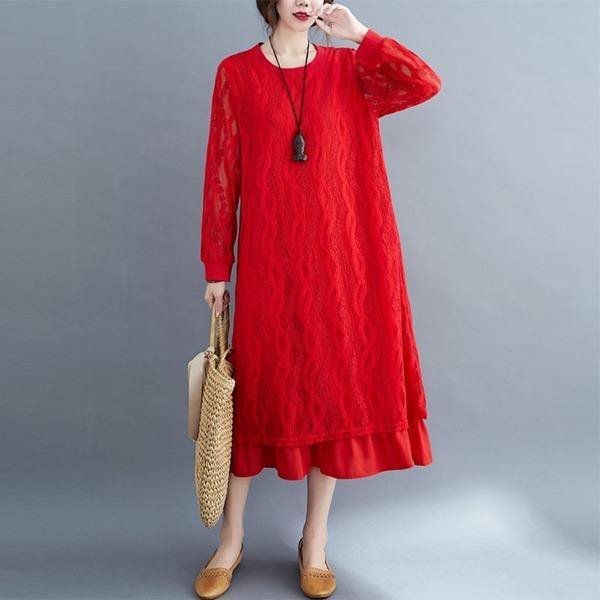 Plus Size Women Lace Long Dress New 2020 Autumn Vintage Solid Color Loose  Dresses - Omychic