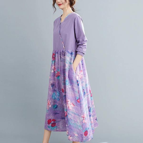 omychic plus size cotton linen vintage floral for women casual loose spring autumn dress - Omychic
