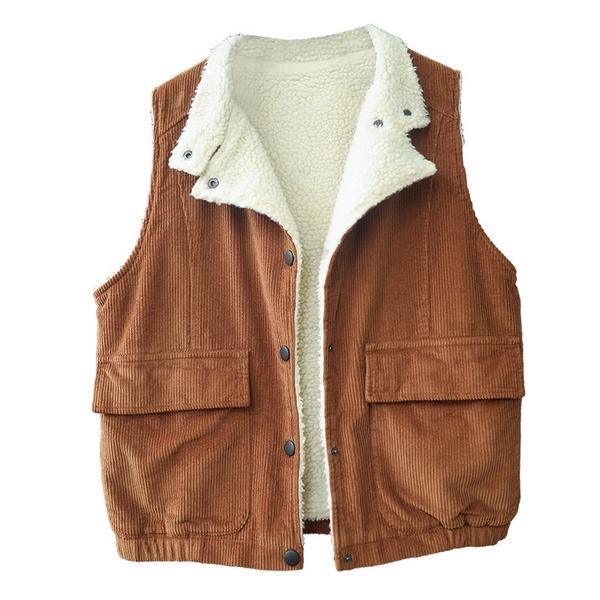 2020 Autumn New Button Stand Sleeveless Pockets Solid Color Warm Casual Women Vests - Omychic