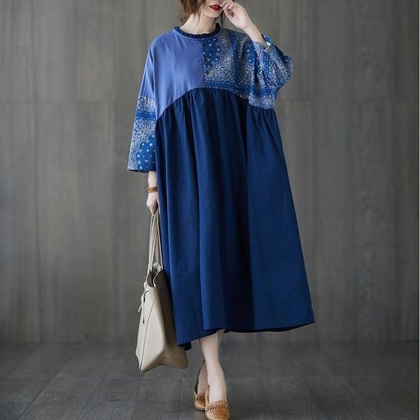 Oversized Women Cotton Linen Casual Dress Vintage Style Patchwork Color Loose Female Long Dresses - Omychic