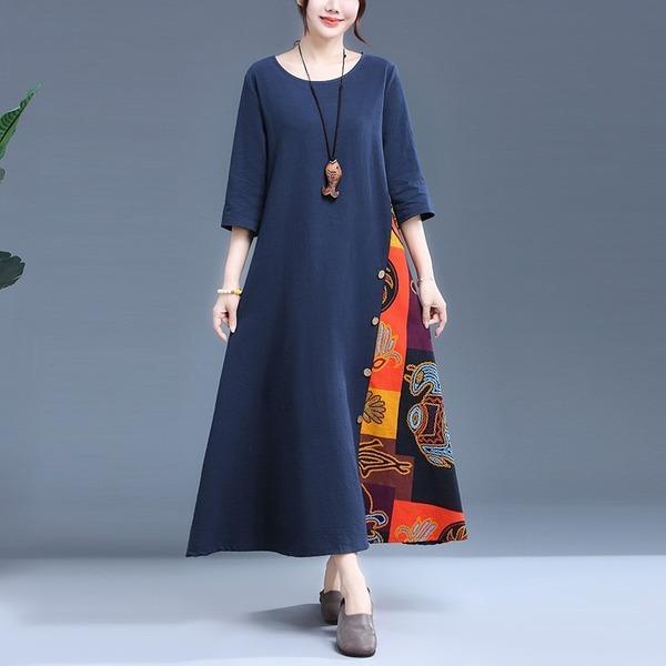 Plus Size Women Cotton LinenPrint Loose Female A-line Dresses - Omychic