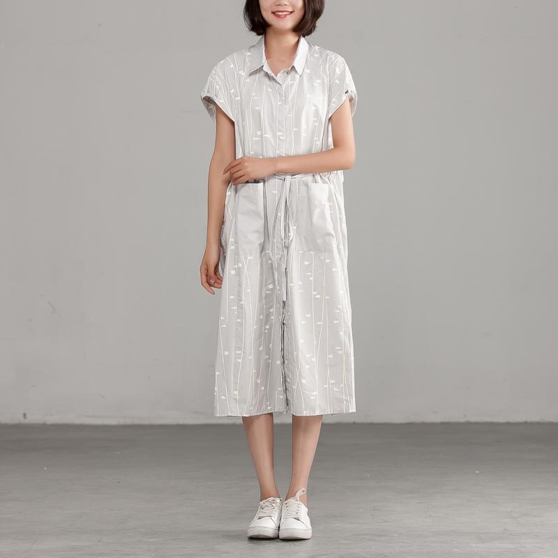 Cotton Polo Collar Light Gray Short Sleeve Dress - Omychic