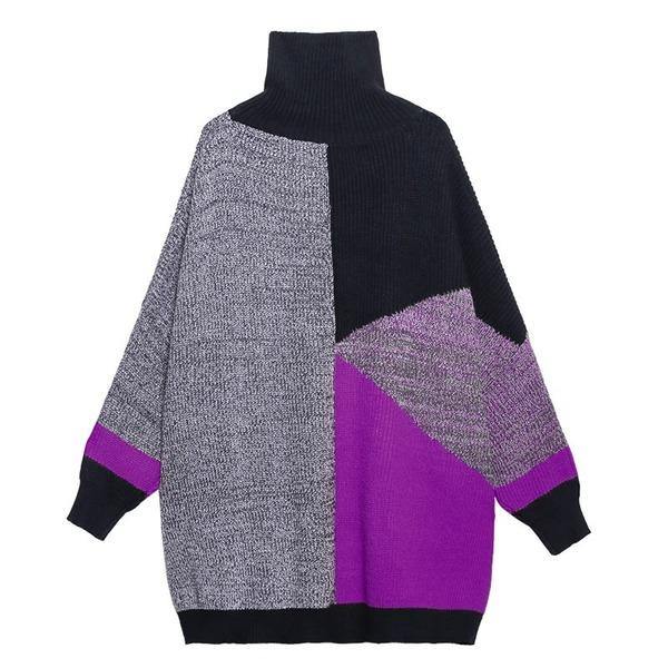 Turtleneck Pullover Winter New Splicing Contrast Color Pattern Loose Fashion - Omychic