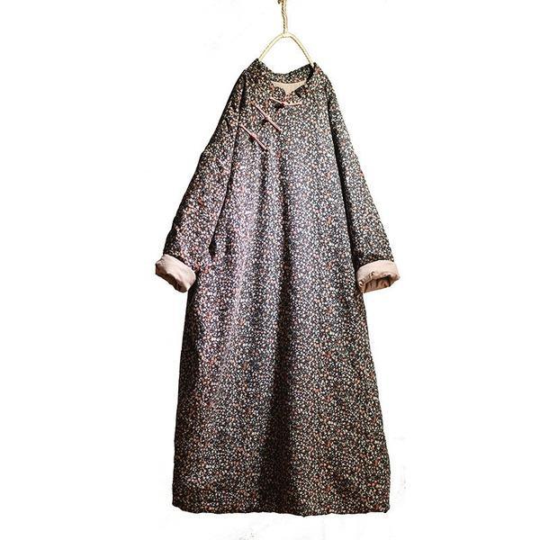 Vintage Cotton Linen Print Padded Dresses Female 2020 Autumn Winter Dress - Omychic