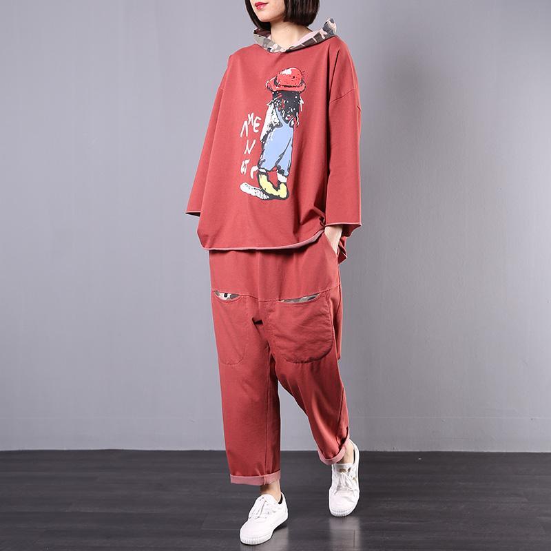 casual fall sport suit red two pieces hooded prints tops with elastic waist pockets pants - Omychic