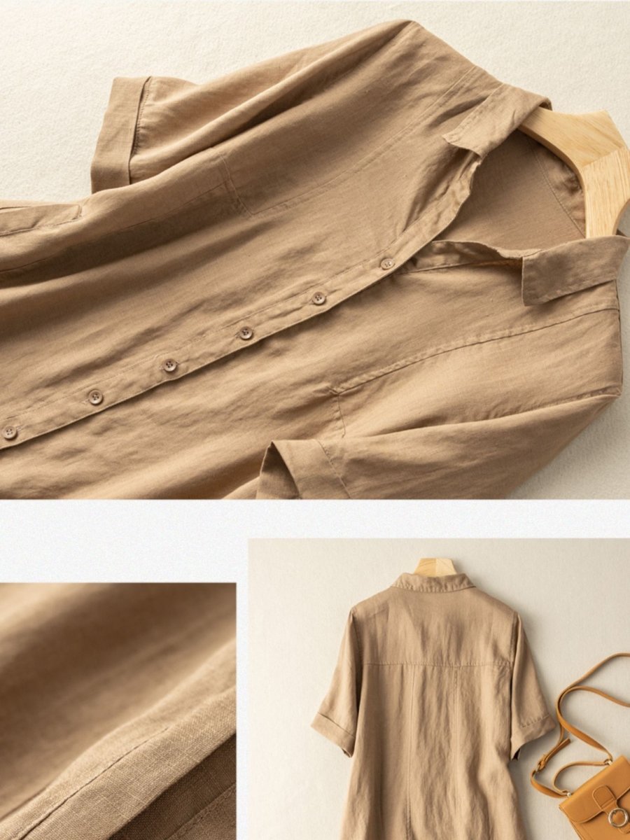 Casual Linen Lapel Shirt Dress Short Sleeve