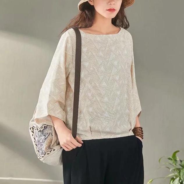 casual nude print cotton linen o neck summer shirts - Omychic