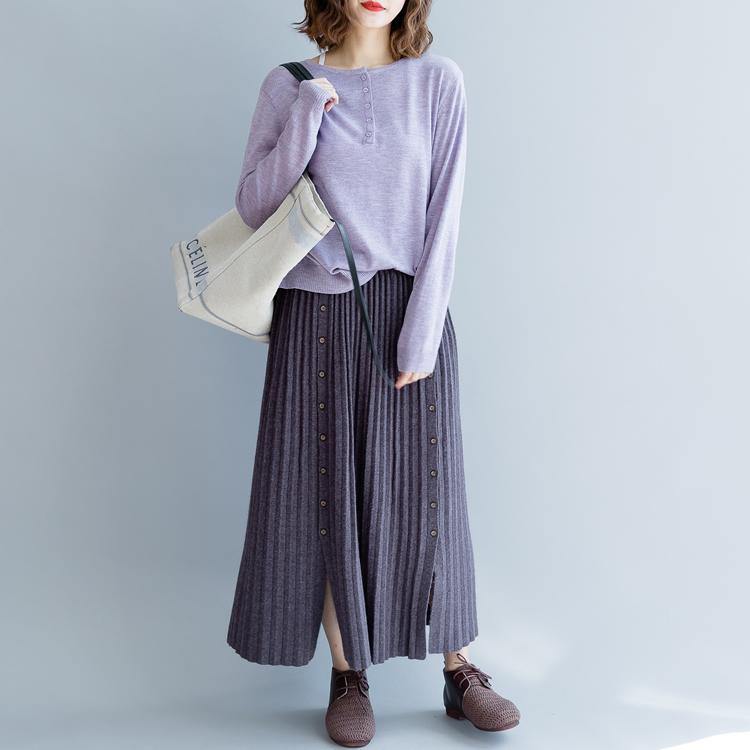 casual women purple knit skirt plus size elastic wiast side open maxi skirts - Omychic