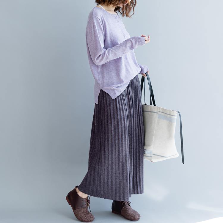 casual women purple knit skirt plus size elastic wiast side open maxi skirts - Omychic