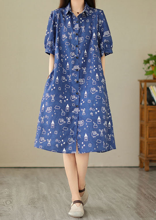 Women Blue Peter Pan Collar Print Patchwork Denim Shirts Dress