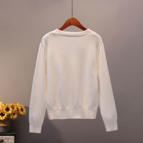 V Neck Pearl Single Breasted Loose Short Thicken Sweater Sweet Long Sleeve Knitting Top - Omychic
