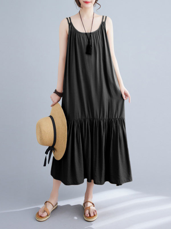 Pleated Solid Color Spaghetti-Neck Midi Dress