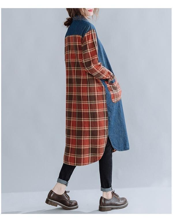 long sleeve plus size cotton denim vintage plaid women casual loose midi autumn shirt dress - Omychic