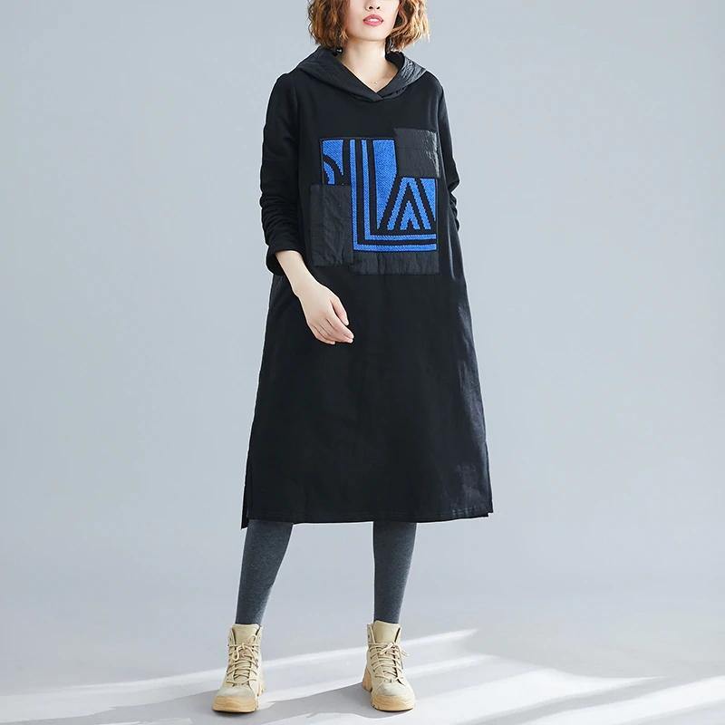 French Black Patchwork Print Long sleeve  Long Cotton Dress - Omychic
