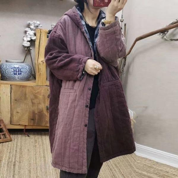 Retro Patchwork Hooded Warm Thick Cotton Parkas Plus Size All-match Women Long Coat - Omychic