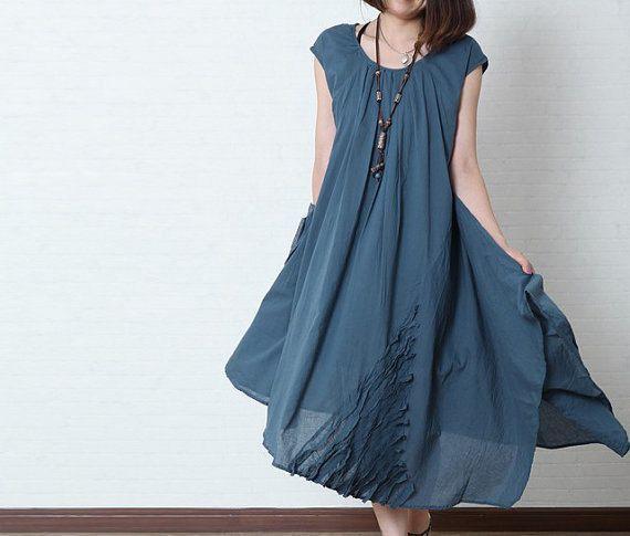blue linen summer dress unique caftan dresses - Omychic