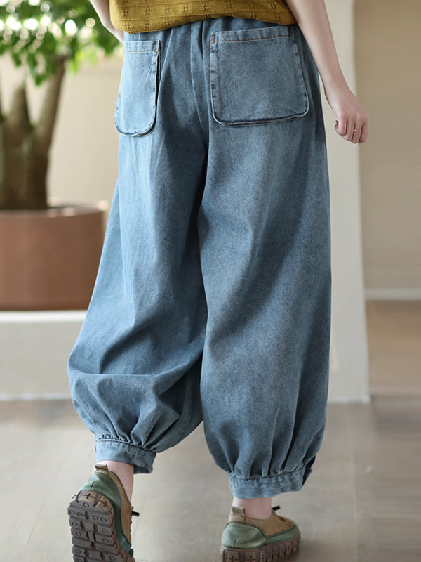 Loose Hollow Elasticity Denim Harem Pants