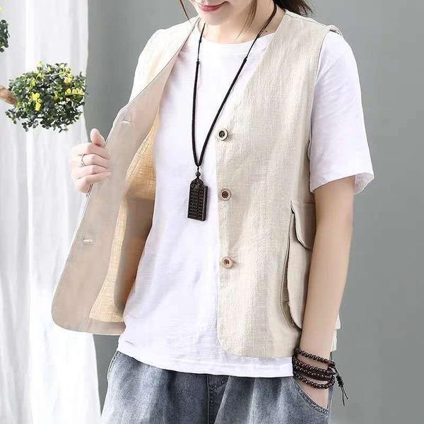 Korean Style Vintage V-neck Single Breasted Loose Casual Female Cotton Linen Vest Coats - Omychic
