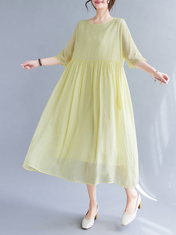 Pleated See-Through Solid Color Split-Joint  Midi Dress