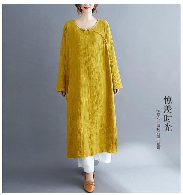 omychic plus size cotton linen vintage for women casual Split loose spring autumn dress - Omychic