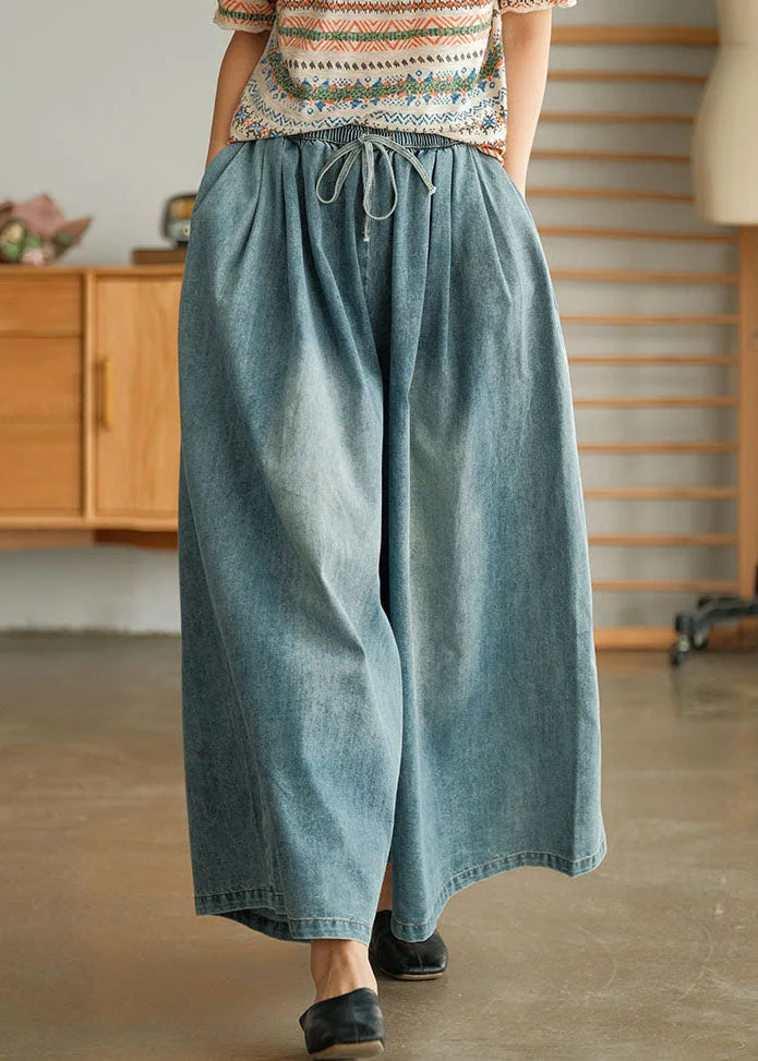 Loose Blue Cinched Pockets Denim Wide Leg Pants