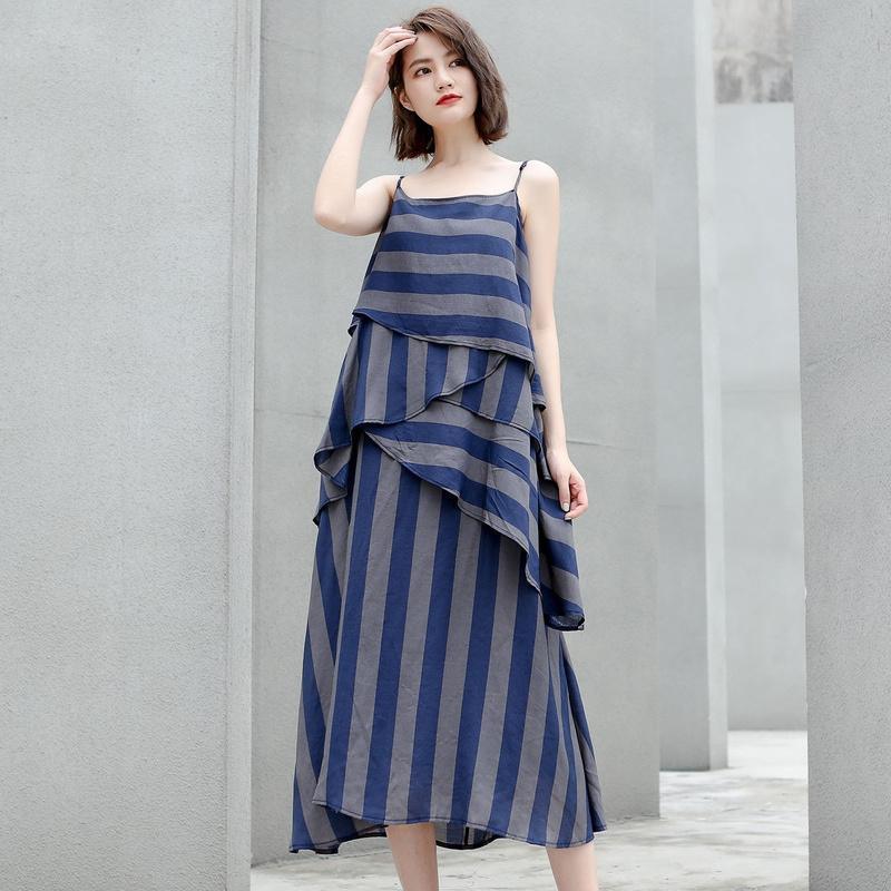 Cotton Vintage Striped Loose Slip Dresses - Omychic