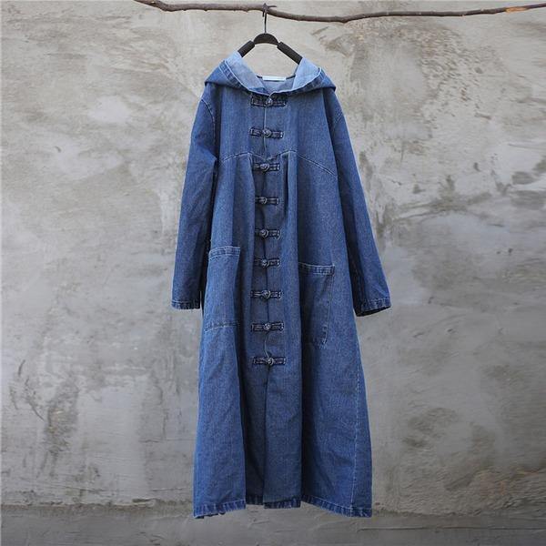 2020 Spring Women Solid Color Denim Trench CoatsLoose Hooded Collar Patchwork Long Coats - Omychic