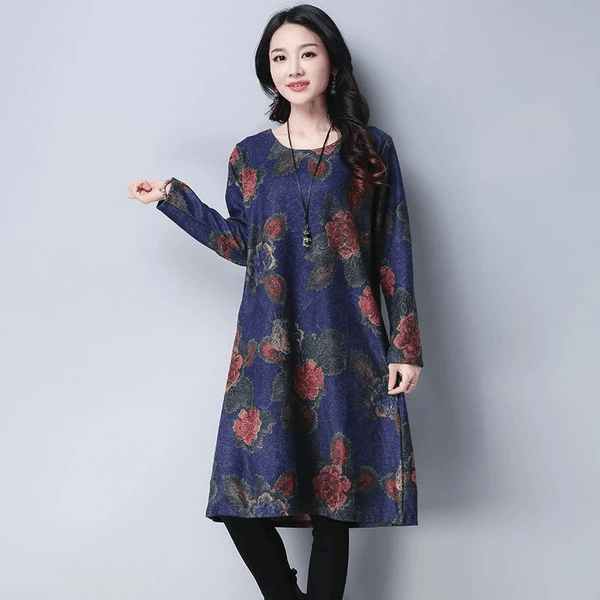 long sleeve woolen plus size vintage floral women casual loose midi autumn winter dress - Omychic