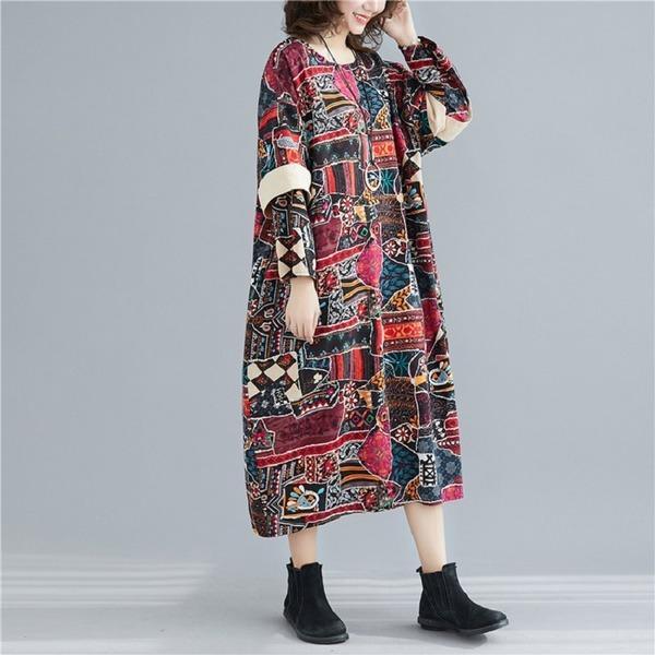 plus size cotton linen vintage floral for women casual loose long spring autumn dress - Omychic