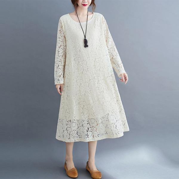 Plus Size Women Casual Lace Dress New 2020 Autumn Simple Style O-neck Solid Color Dresses - Omychic
