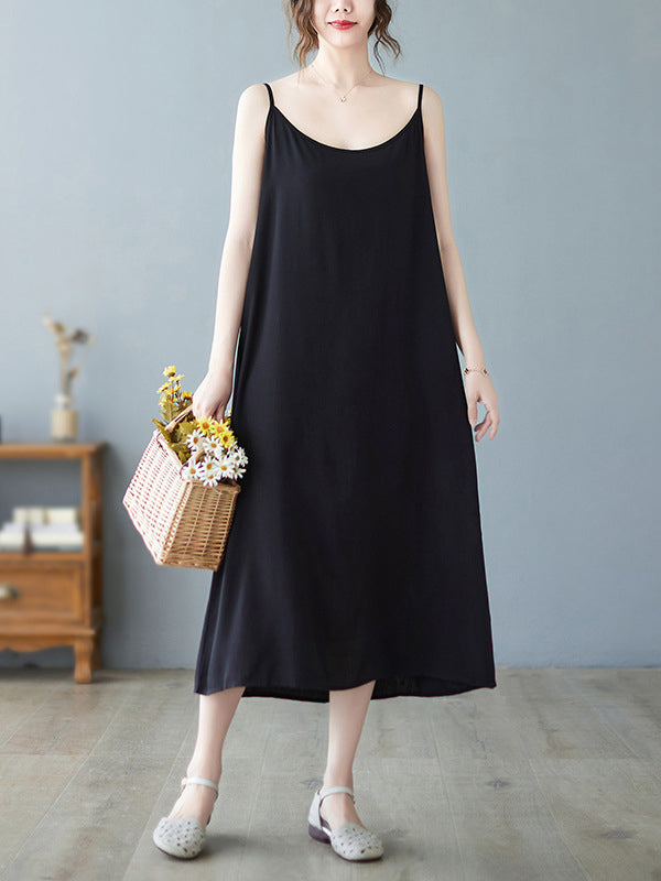 Casual Solid Color Spaghetti-Neck Midi Dress