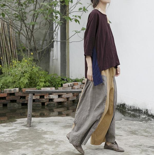 Loose Patchwork Cotton Linen Pants Ladies Vintage Elastic Waist Retro Wide Leg Pants - Omychic