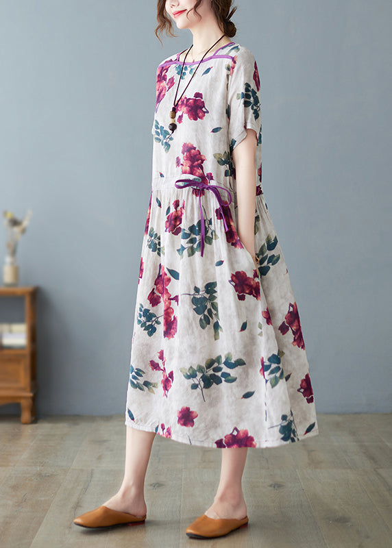 Fashion O-Neck Print Drawstring Tie Waist Long Dress Summer
