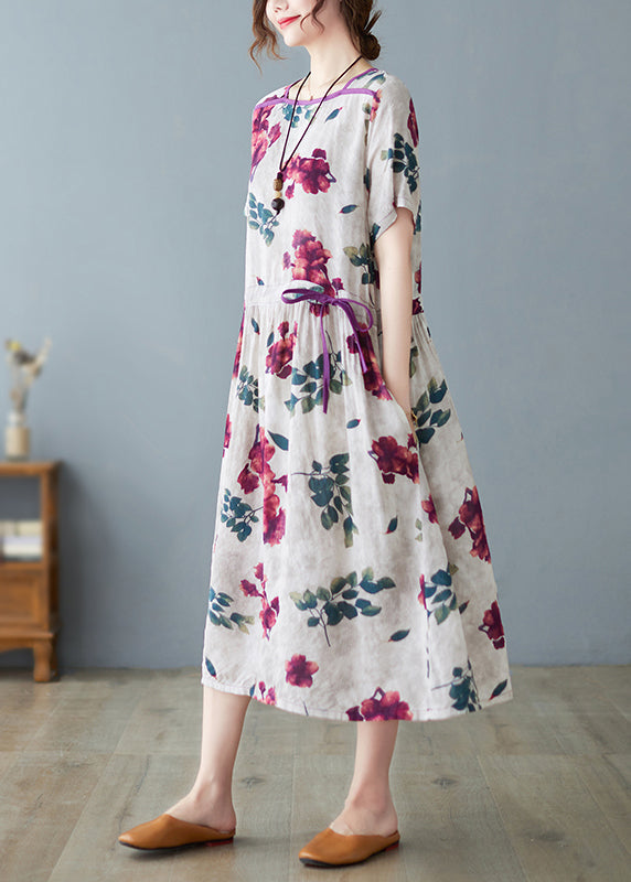 Fashion O-Neck Print Drawstring Tie Waist Long Dress Summer