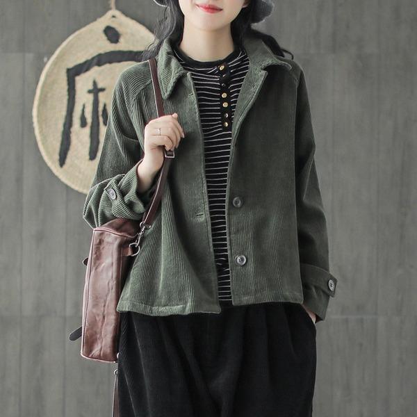 2020 Autumn New Leisure All-match Turn-down Collar Long Sleeve Corduroy Coat - Omychic