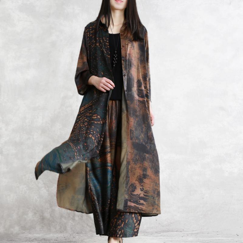 chocolate prints fashion silk two pieces stand collar long shirt with casual wide leg pants - Omychic