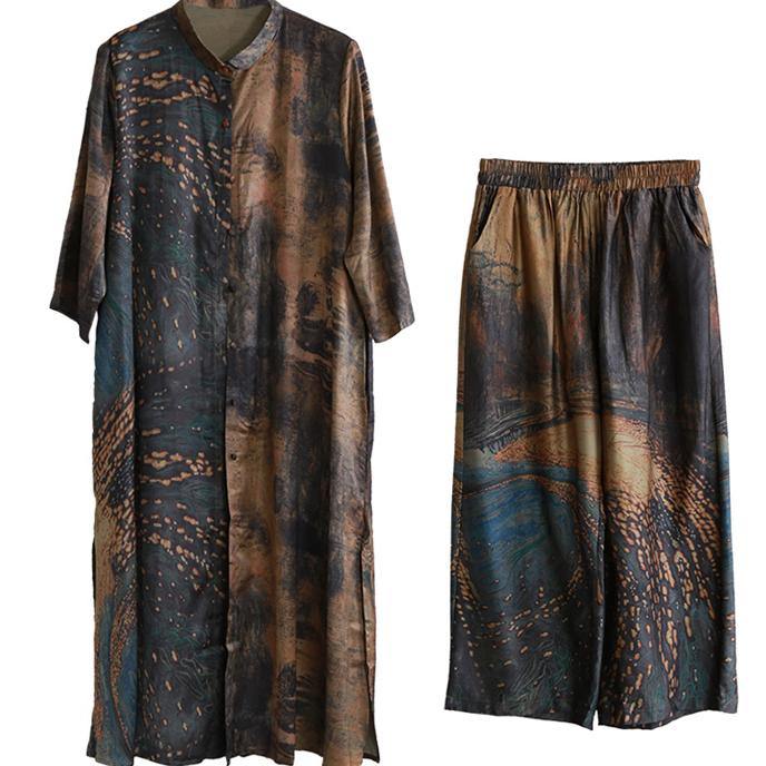 chocolate prints fashion silk two pieces stand collar long shirt with casual wide leg pants - Omychic