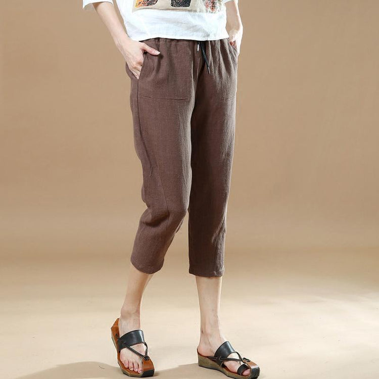 chocolate casual linen pants women elastic waist crop pants - Omychic