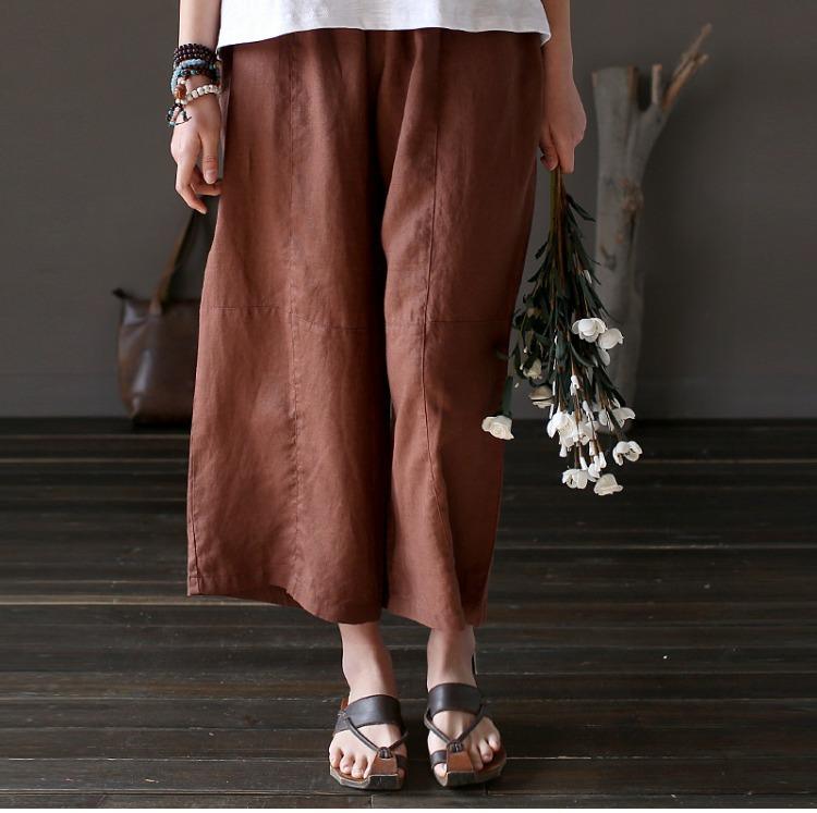chocolate elastic waist linen pants oversize women casual wide leg pants - Omychic