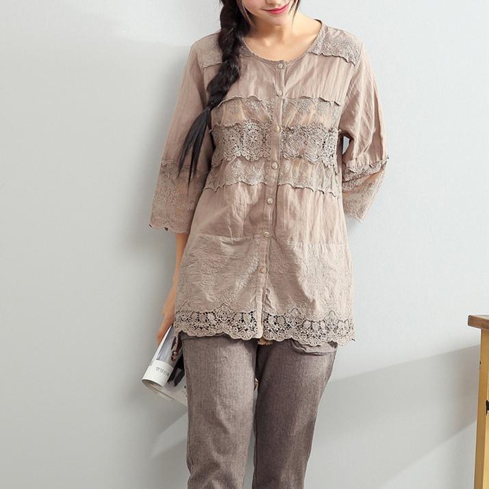 chocolate linen tops embroidery cotton casual blouse short sleeve t shirt - Omychic