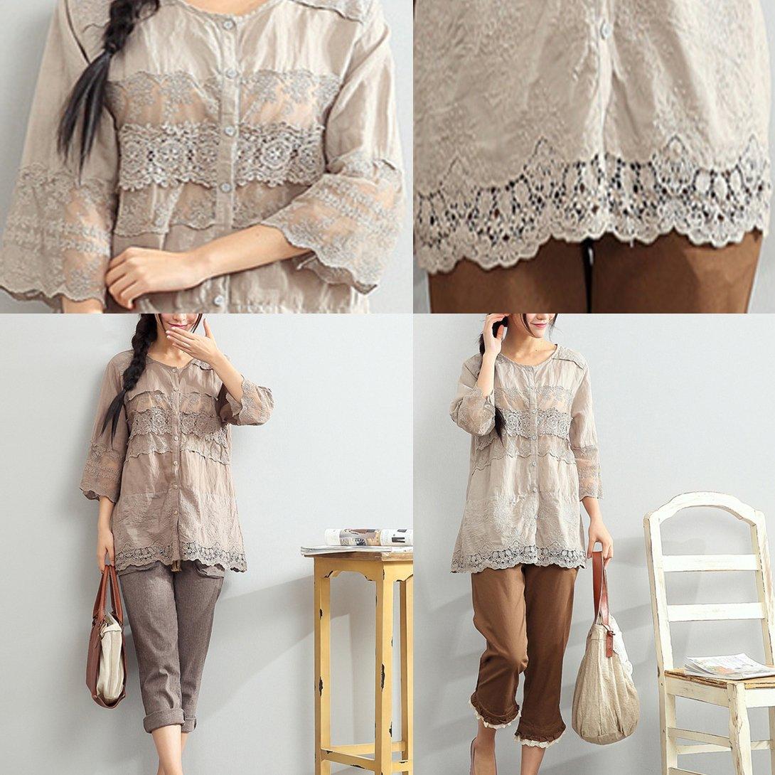 chocolate linen tops embroidery cotton casual blouse short sleeve t shirt - Omychic
