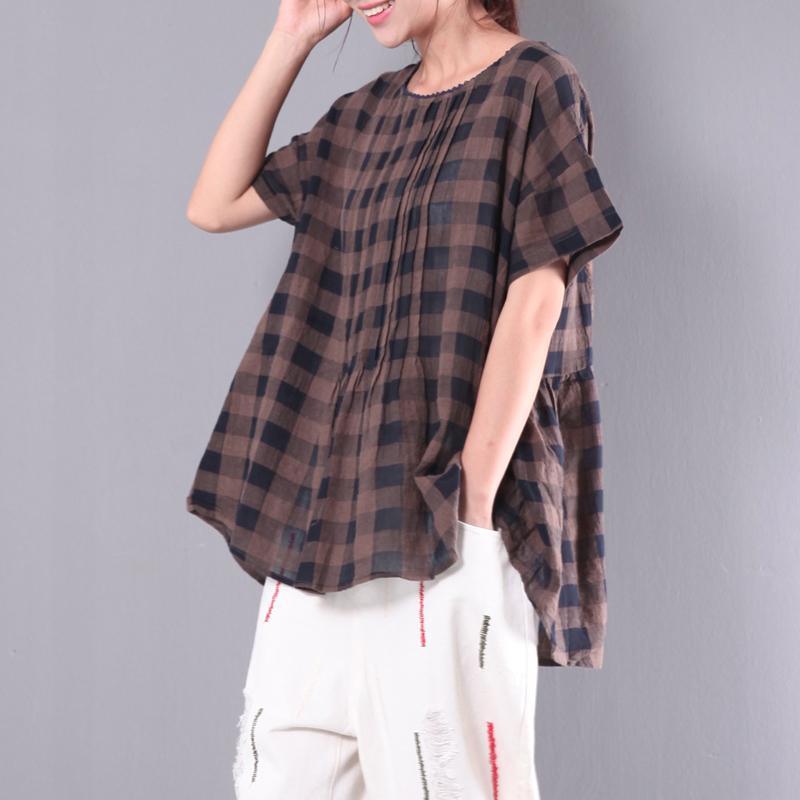 chocolate plaid wrinkled cotton tops plus size casual tops short sleeve t shirt - Omychic