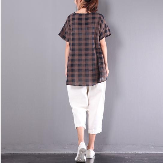 chocolate plaid wrinkled cotton tops plus size casual tops short sleeve t shirt - Omychic
