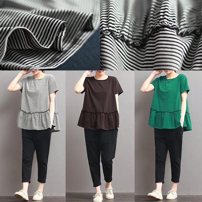 chocolate striped cotton pullover loose ruffles t shirt short sleeve blouse - Omychic