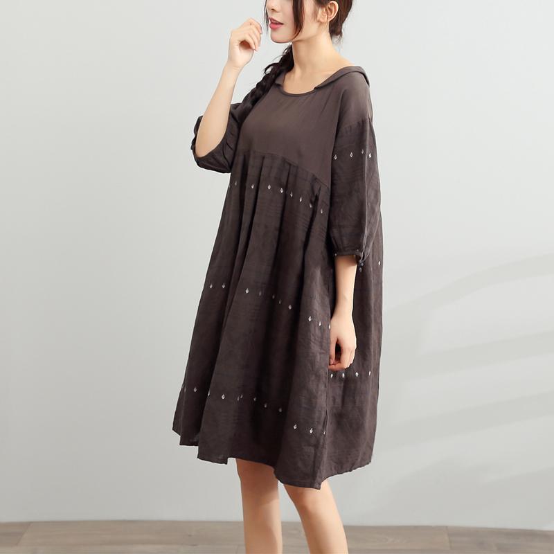 chocolate summer dresses plus size linen dress patchwork jacquard casual sundress - Omychic