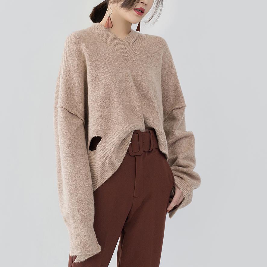 chunky khaki knit tops Loose fitting V neck pullover 2018 asymmetrical design winter shirt - Omychic