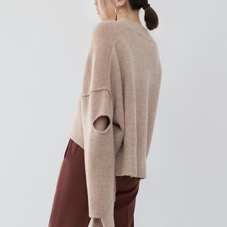 chunky khaki knit tops Loose fitting V neck pullover 2018 asymmetrical design winter shirt - Omychic