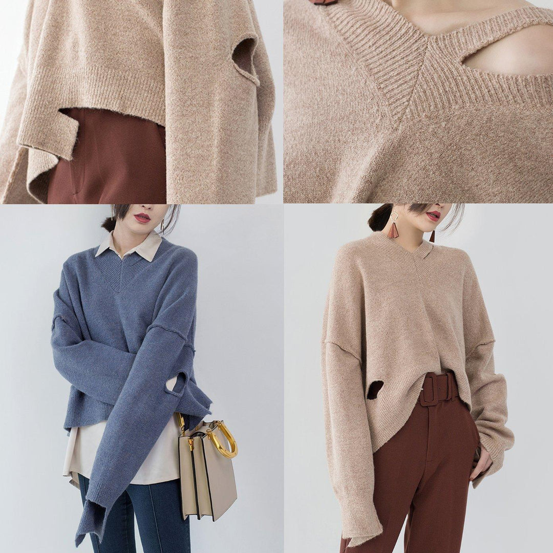 chunky khaki knit tops Loose fitting V neck pullover 2018 asymmetrical design winter shirt - Omychic